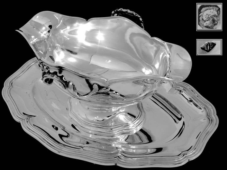 Puiforcat Exceptional French All Sterling Silver Gravy/Sauce Boat w/Tray Rococo For Sale 2