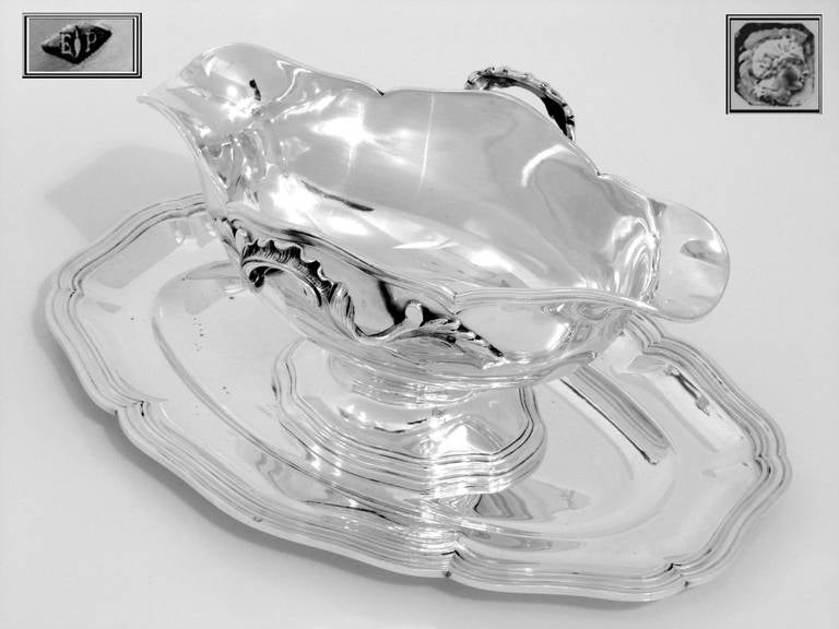 Puiforcat Exceptional French All Sterling Silver Gravy/Sauce Boat w/Tray Rococo For Sale 1