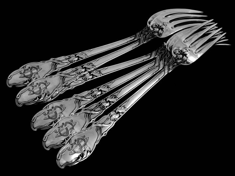 Art Nouveau Ravinet Rare French Sterling Silver Dinner Flatware Set 12 pc Iris Pattern For Sale