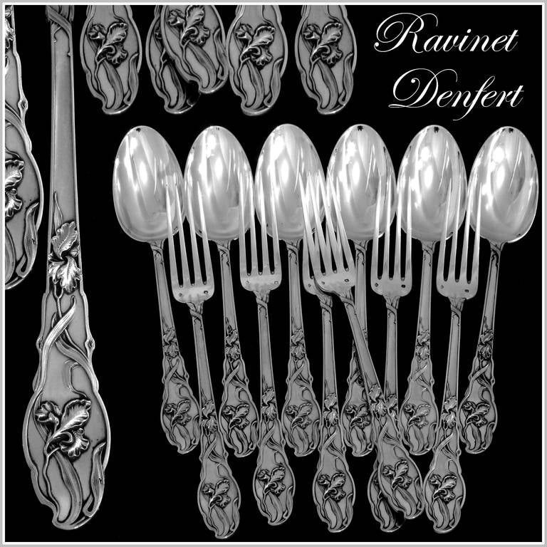 RAVINET Rare French Sterling Silver Dinner Flatware Set 12 pc Iris Pattern

The handles having exaggerated Art Nouveau decoration with iris pattern. Two sets of 12 pieces available.

Head of Minerve 1 st titre for 950/1000 French Sterling Silver
