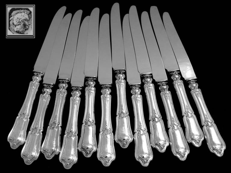 Women's or Men's Ravinet French Sterling Silver Dinner Knife Set 12 pc New Stainless Steel Blades For Sale