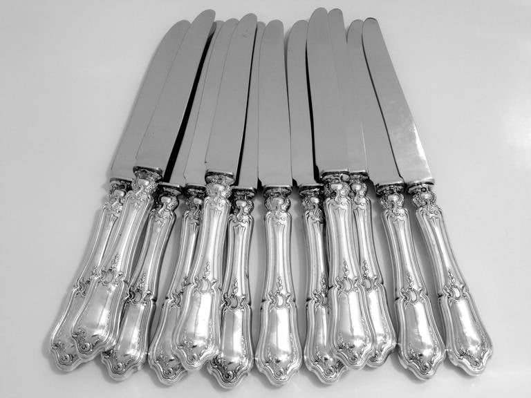 Ravinet French Sterling Silver Dinner Knife Set 12 pc New Stainless Steel Blades For Sale 3