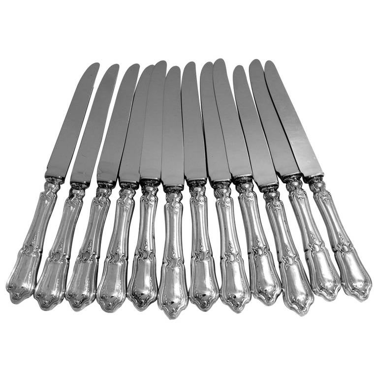 Ravinet French Sterling Silver Dinner Knife Set 12 pc New Stainless Steel Blades For Sale
