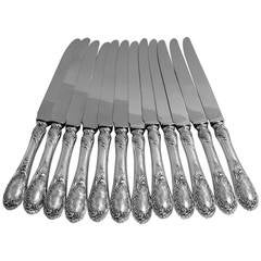 Used Puiforcat French Sterling Silver Dinner Knife Set 12 pc New Stainless Blades