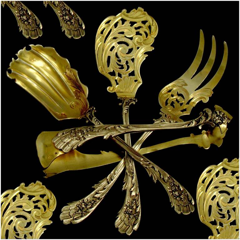 Fabulous French All Sterling Silver Vermeil Dessert Set 4 pc w/Box Rococo