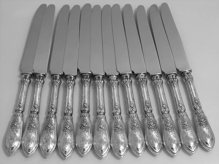 Art Nouveau Henin French Silver Knife Set 12 pc. Stainless Blades Musical Instrument