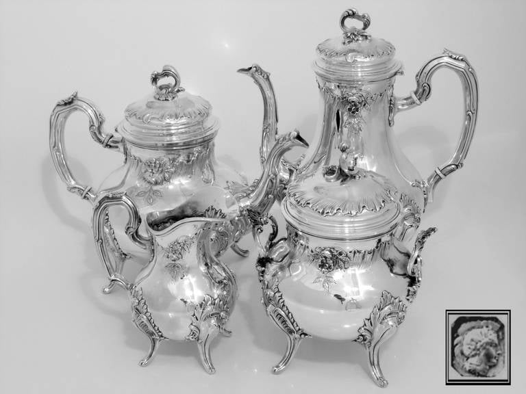 Women's or Men's Fabulous French All Sterling Silver Tea and Coffee Set 4 pc Rococo