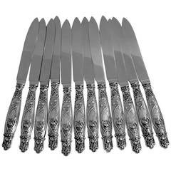 Rare French Sterling Silver Dinner Knife Set 12 pc Art Nouveau Stainless Blades