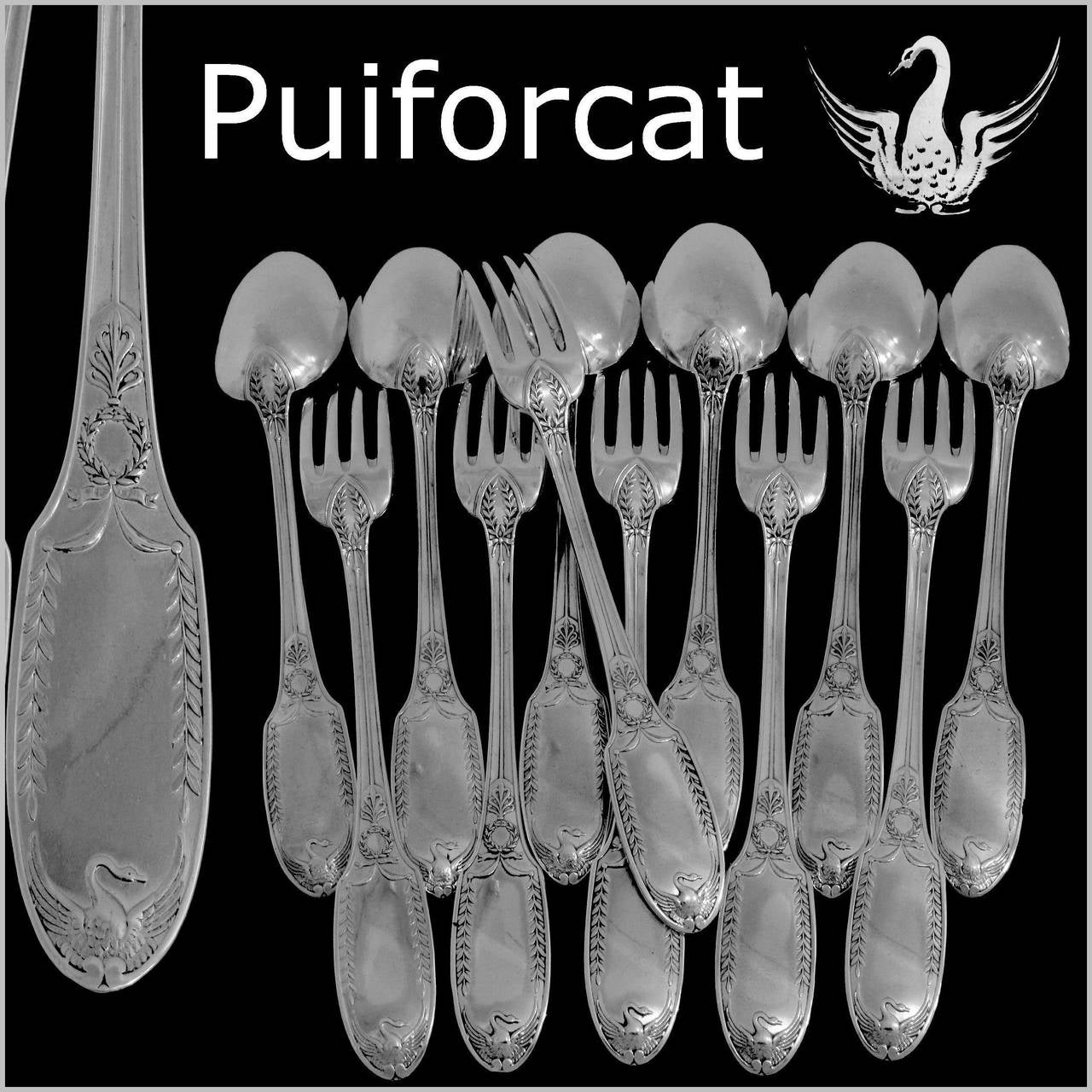 PUIFORCAT Rare French Sterling Silver Dinner Flatware Set 12 pc Swans

Head of Minerve 1 st titre for 950/1000 French Sterling Silver guarantee

Exceptional French sterling silver Dinner Flatware 12 pc Empire style, the spatulas are carved on