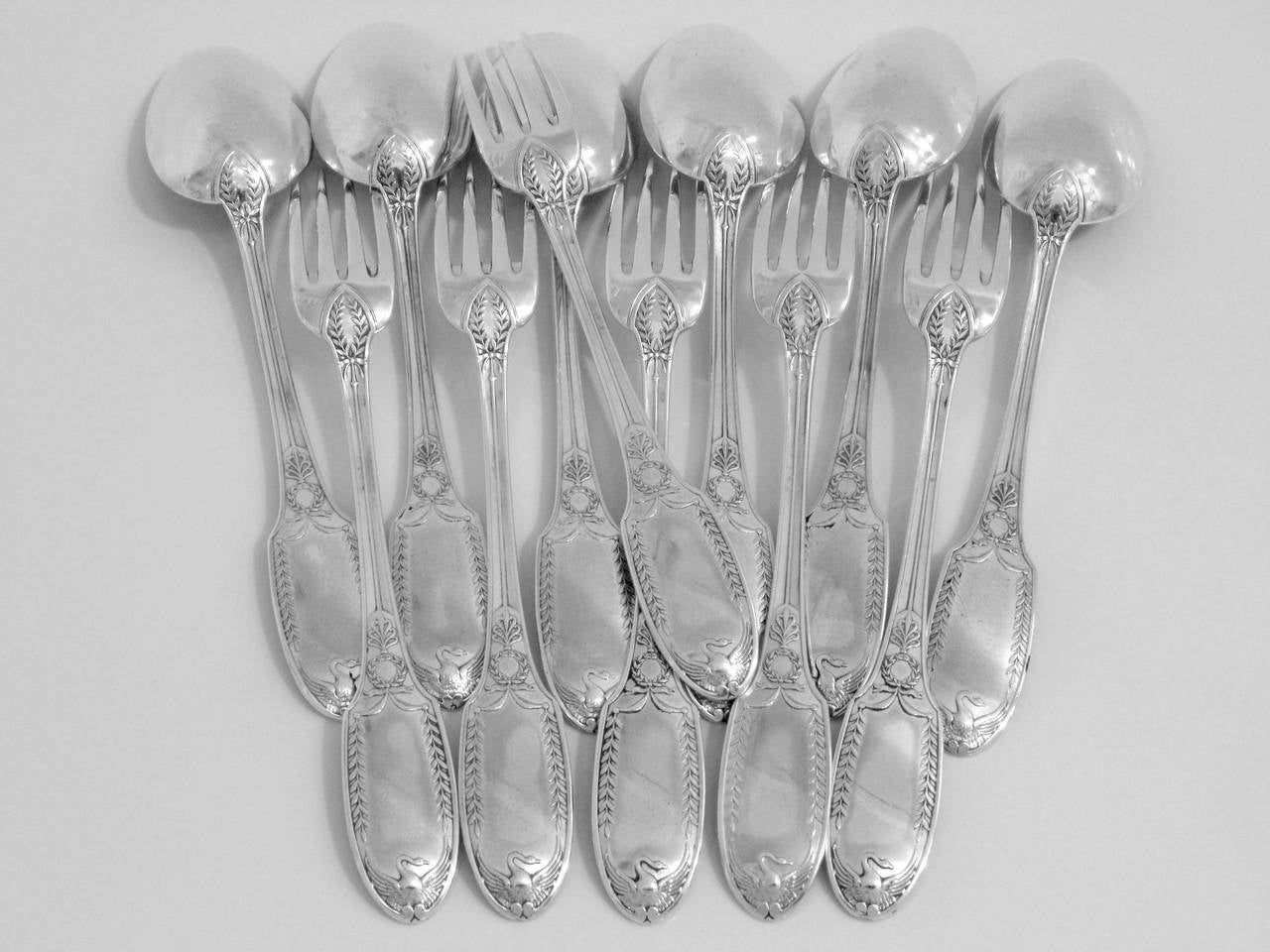 Women's or Men's Puiforcat Rare French Sterling Silver Dinner Flatware Set 12 pc Swans For Sale