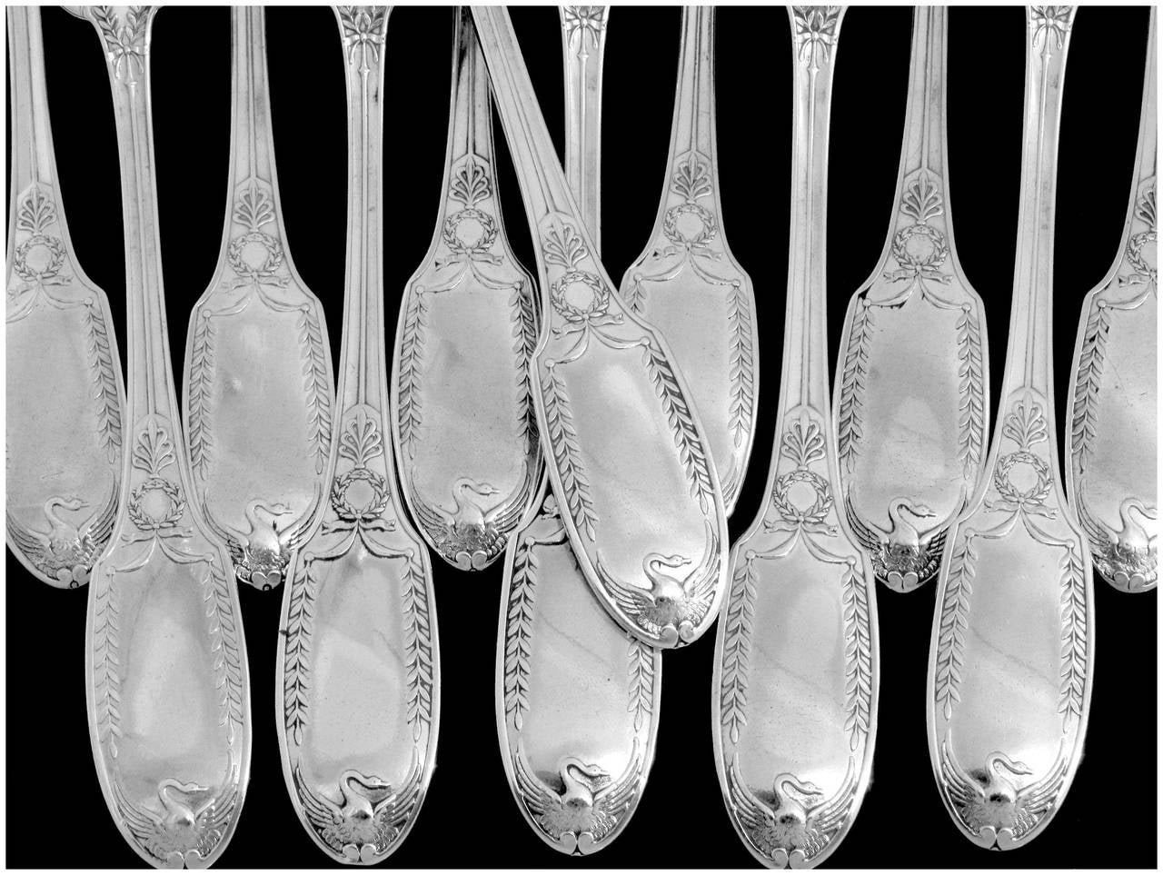 Puiforcat Rare French Sterling Silver Dinner Flatware Set 12 pc Swans For Sale 1