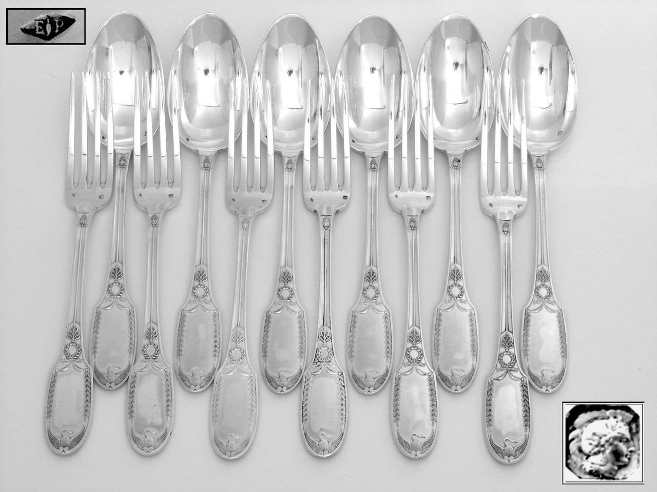 Empire Puiforcat Rare French Sterling Silver Dinner Flatware Set 12 pc Swans For Sale