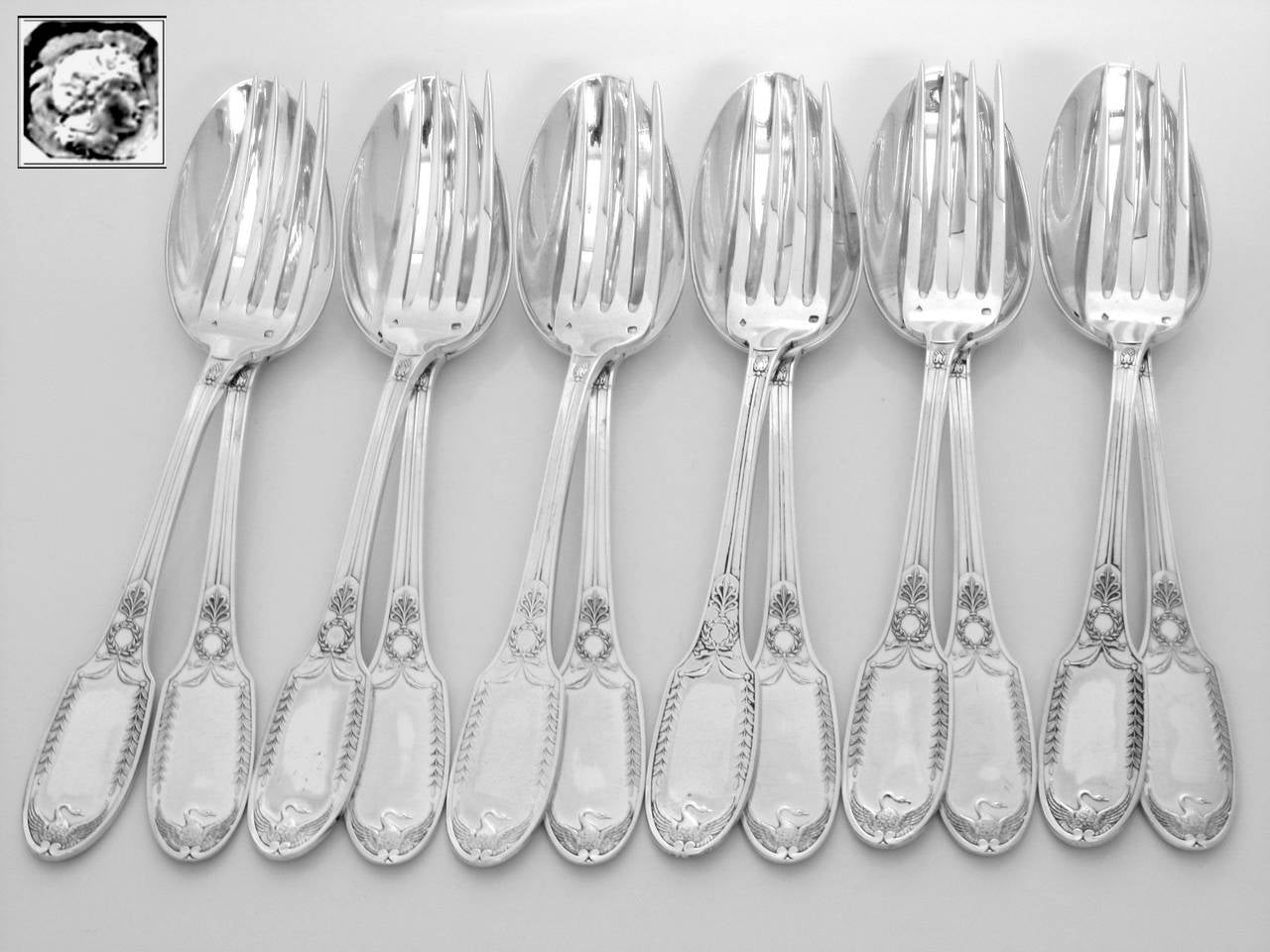 Puiforcat Rare French Sterling Silver Dinner Flatware Set 12 pc Swans For Sale 2