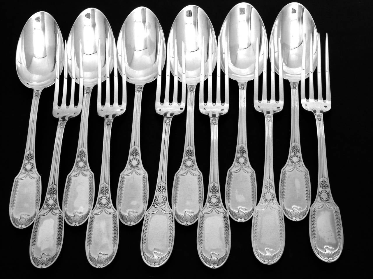 Puiforcat Rare French Sterling Silver Dinner Flatware Set 12 pc Swans For Sale 3