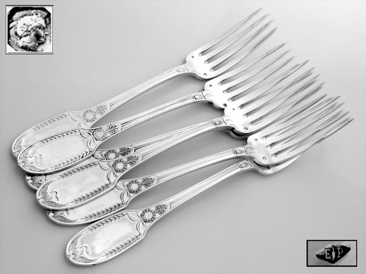 Puiforcat Rare French Sterling Silver Dessert/Entremet Flatware Set 12 pc Swans For Sale 2