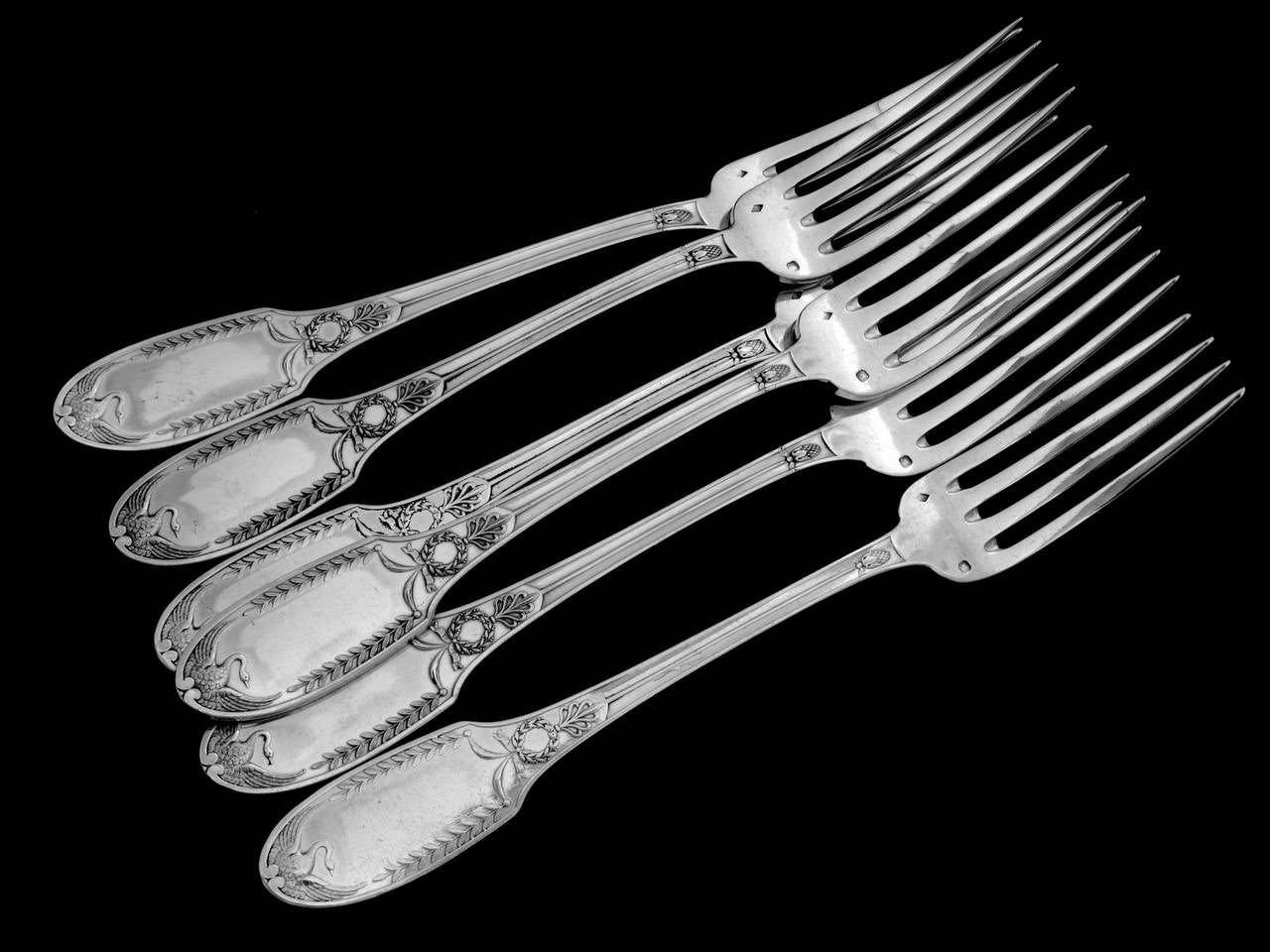 Puiforcat Rare French Sterling Silver Dinner Flatware Set 12 pc Swans For Sale 5