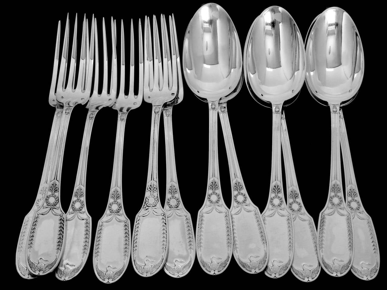 Puiforcat Rare French Sterling Silver Dessert/Entremet Flatware Set 12 pc Swans For Sale 1