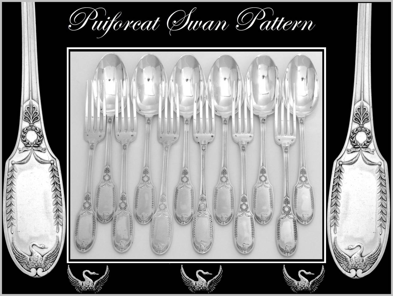 Puiforcat Rare French Sterling Silver Dinner Flatware Set 12 pc Swans For Sale 4