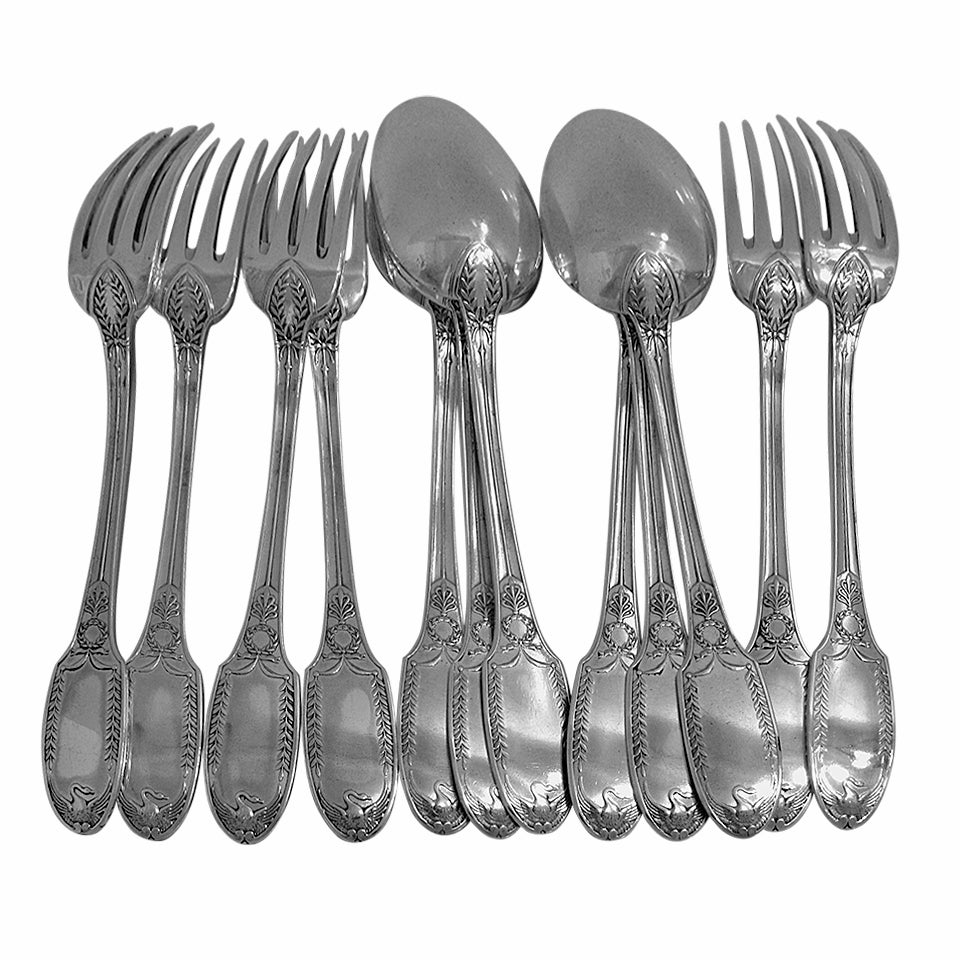 Puiforcat Rare French Sterling Silver Dinner Flatware Set 12 pc Swans For Sale