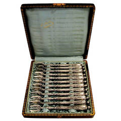 Gorgeous French All Sterling Silver Oyster Forks Set 12 pc w/Box Rococo
