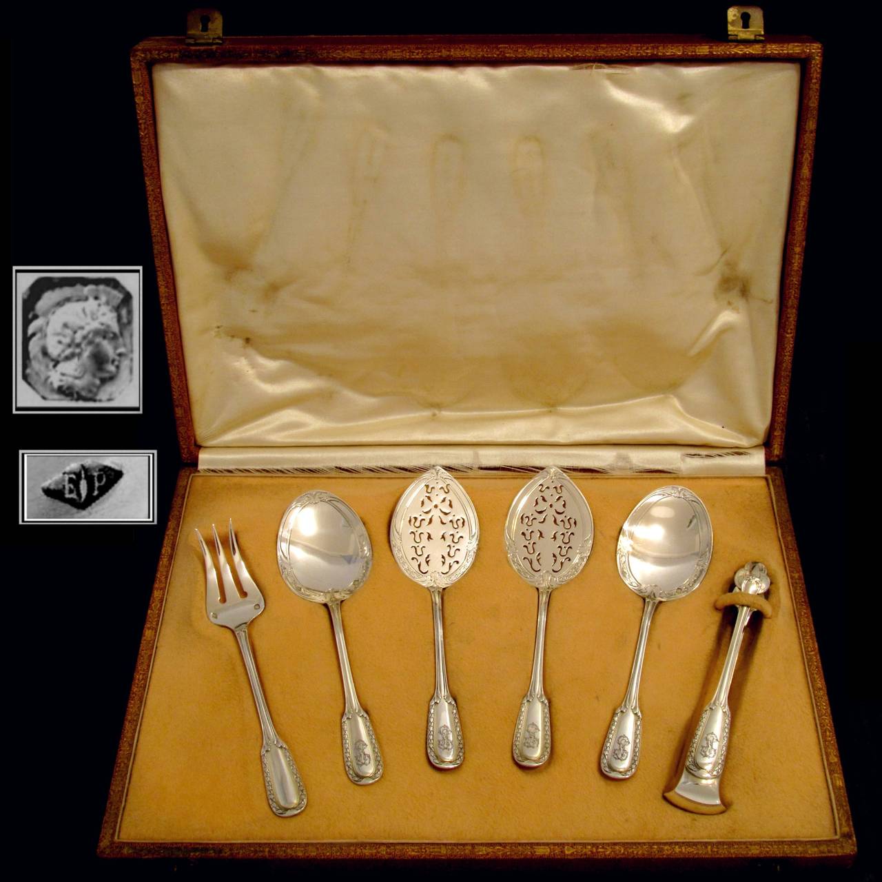 Art Nouveau Puiforcat French Sterling Silver Dessert/Hors D'oeuvre Set 6 pc w/Box Louis XVI For Sale