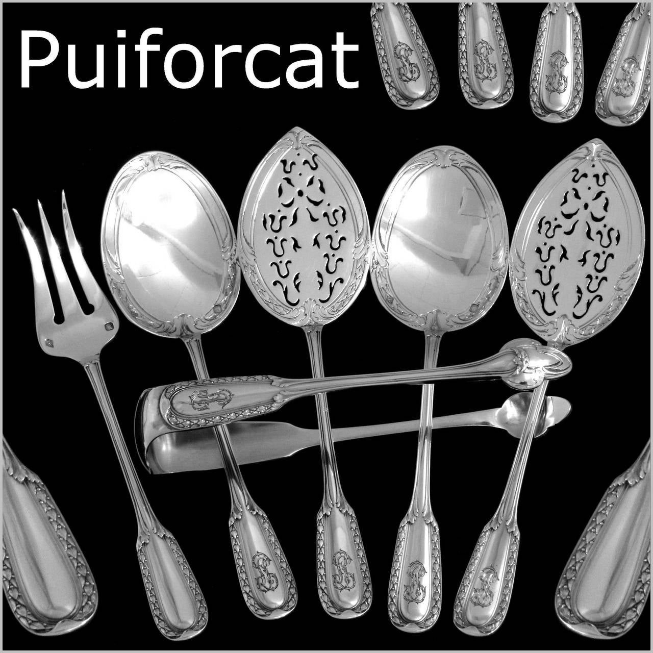 PUIFORCAT French Sterling Silver Dessert/Hors D'oeuvre Set 6 pc w/box Louis XVI Pattern

Head of Minerve 1 st titre for 950/1000 French Sterling Silver guarantee

The set includes two servers, a sugar tongs, a fork & two spoons. Six pieces,