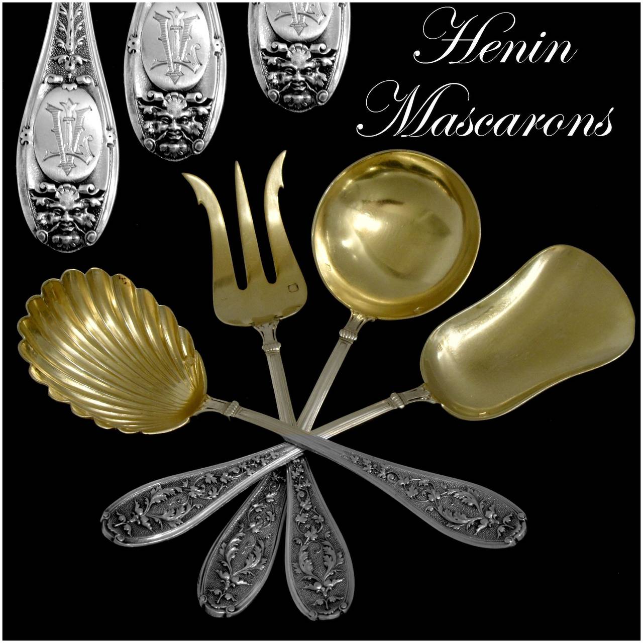 HENIN Fabulous French All Sterling Silver 18K Gold Dessert Set 4 pc Mascarons

Head of Minerve 1 st titre for 950/1000 French Sterling Silver Vermeil guarantee. The quality of the gold used to recover sterling silver is a minimum of 750 mils