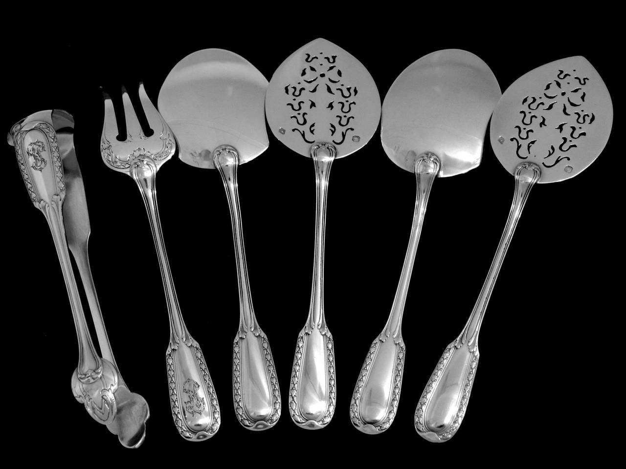 Puiforcat French Sterling Silver Dessert/Hors D'oeuvre Set 6 pc w/Box Louis XVI In Good Condition For Sale In Triaize, Pays de Loire