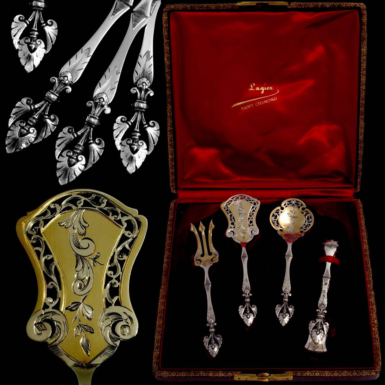 Soufflot Unusual French All Sterling Silver Vermeil Dessert Set 4 pc w/Box In Good Condition In Triaize, Pays de Loire