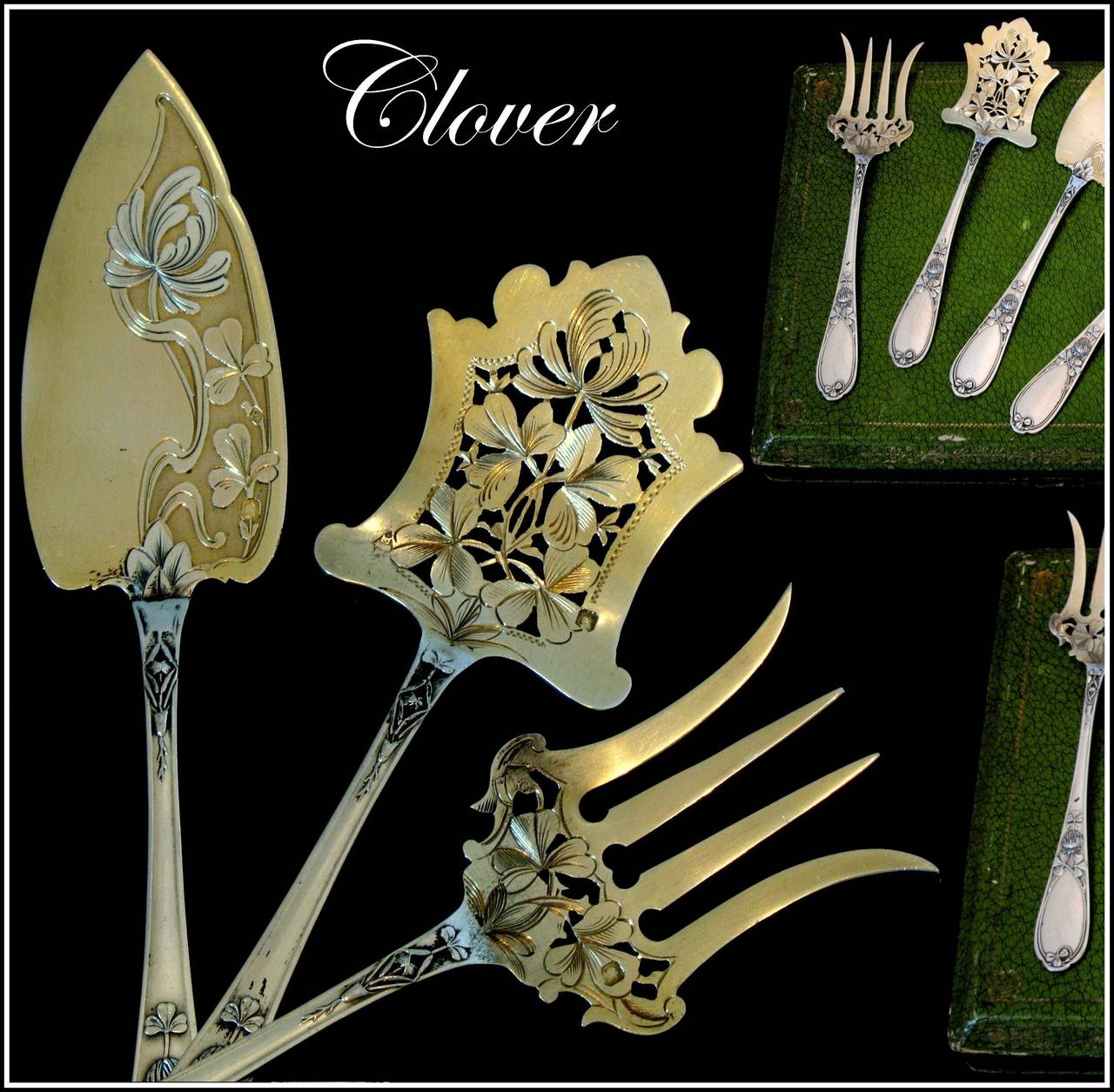 Ernie Rare French All Sterling Silver Vermeil Hors D'Oeuvre Set 4 pc box Clovers

Head of Minerve 1 st titre for 950/1000 French Sterling Silver Vermeil guarantee

Four pieces of truly exceptional quality, for the richness of their decoration,