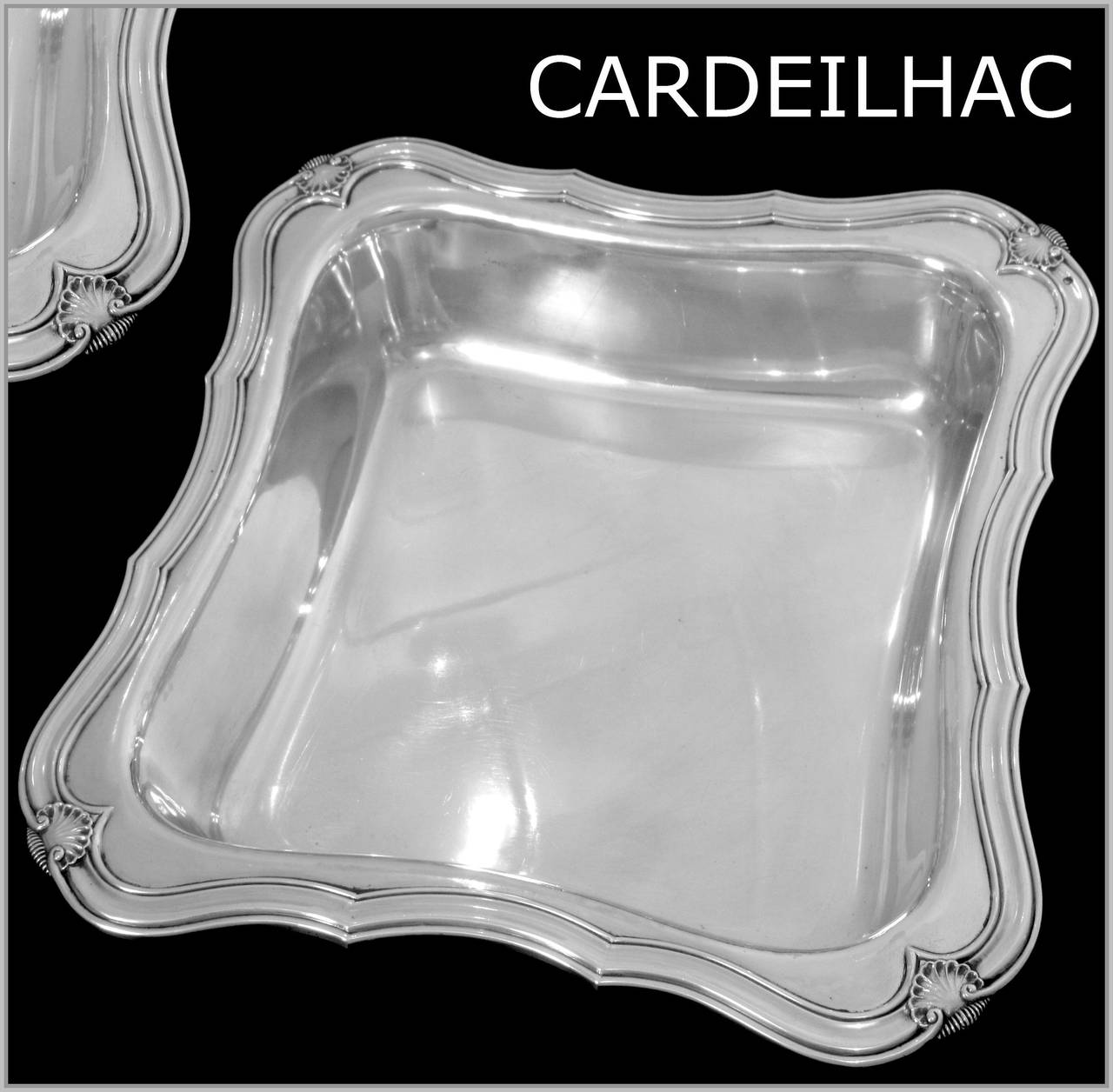 Cardeilhac Fabulous French Sterling Silver Serving or Vegetable Dish Shells 

Head of Minerva 1 st titre for 950/1000 French Sterling Silver guarantee

Rococo Pattern with shells motif for this serving Dish in all sterling silver. Finesse of