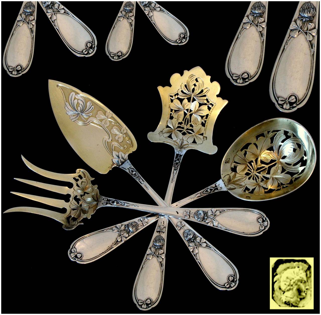 Ernie Rare French All Sterling Silver Vermeil Hors D'Oeuvre Set 4 pc Box Clovers In Good Condition In Triaize, Pays de Loire