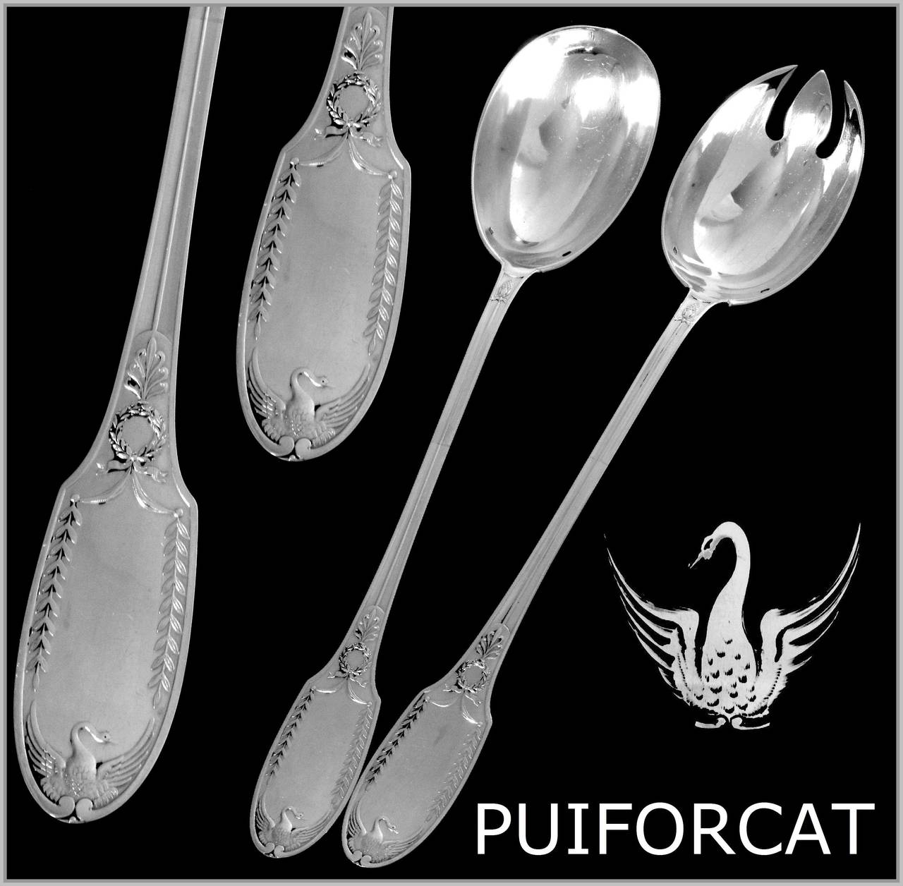 Puiforcat French All Sterling Silver Salad Serving Set 2 pc Empire, Swans

Head of Minerva 1 st titre for 950/1000 French Sterling Silver guarantee.

This salad serving set comprises a three-tined fork and a spoon with the polylobed bowl. The