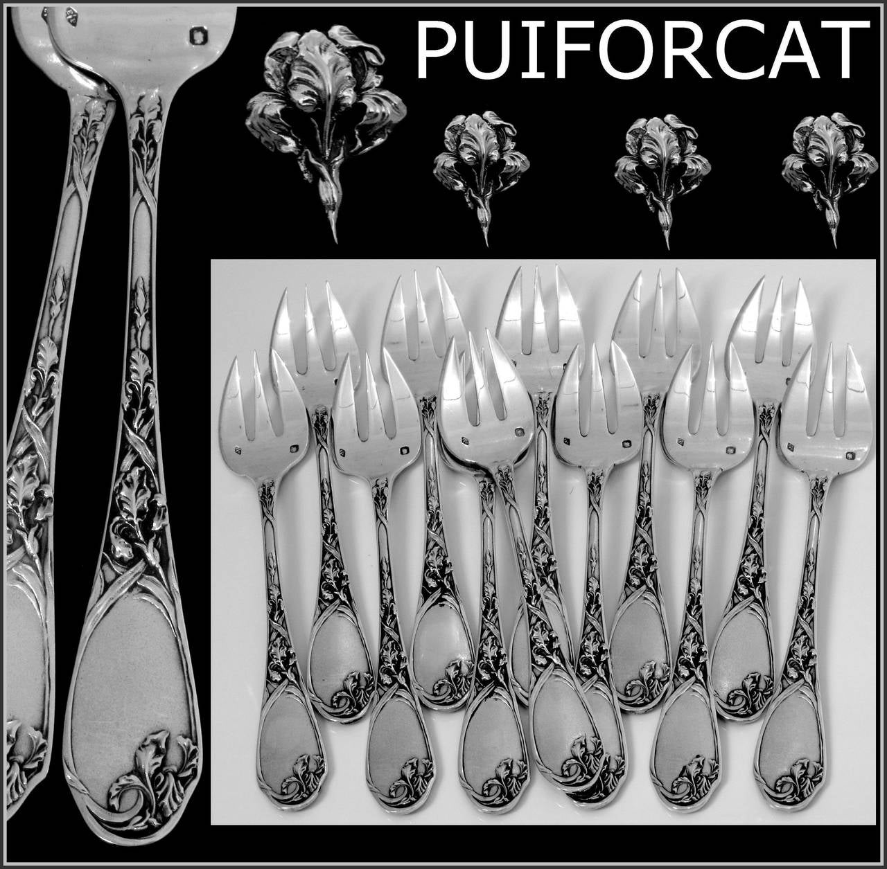 PUIFORCAT Fabulous French All Sterling Silver Oyster Forks 12 pc Iris Pattern

Head of Minerve 1 st titre for 950/1000 French Sterling Silver guarantee

The set have a fantastic Iris motif in Art Nouveau style. No monograms.

To complete this