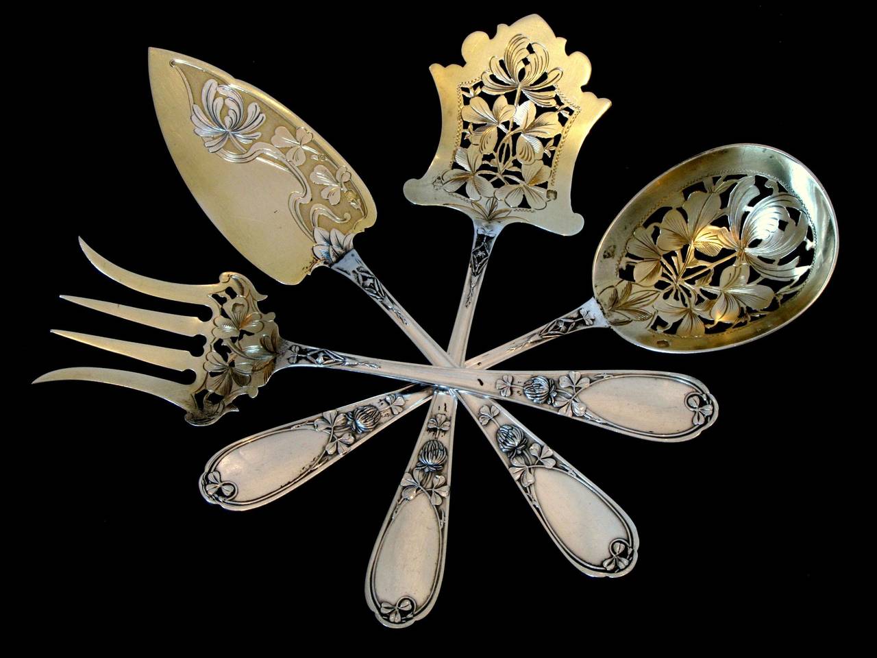 Ernie Rare French All Sterling Silver Vermeil Hors D'Oeuvre Set 4 pc Box Clovers 4