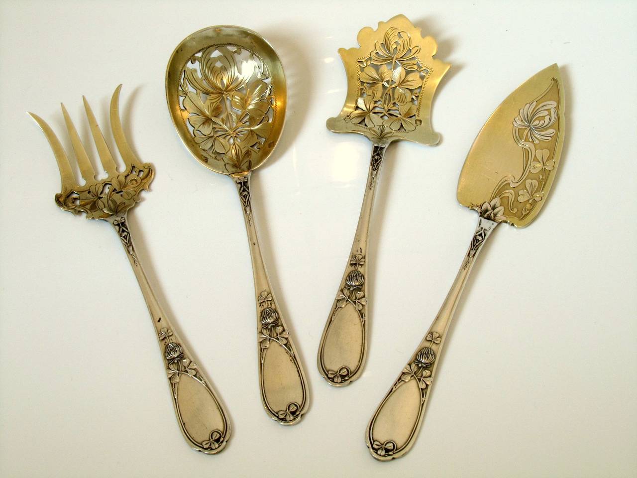 Ernie Rare French All Sterling Silver Vermeil Hors D'Oeuvre Set 4 pc Box Clovers 1