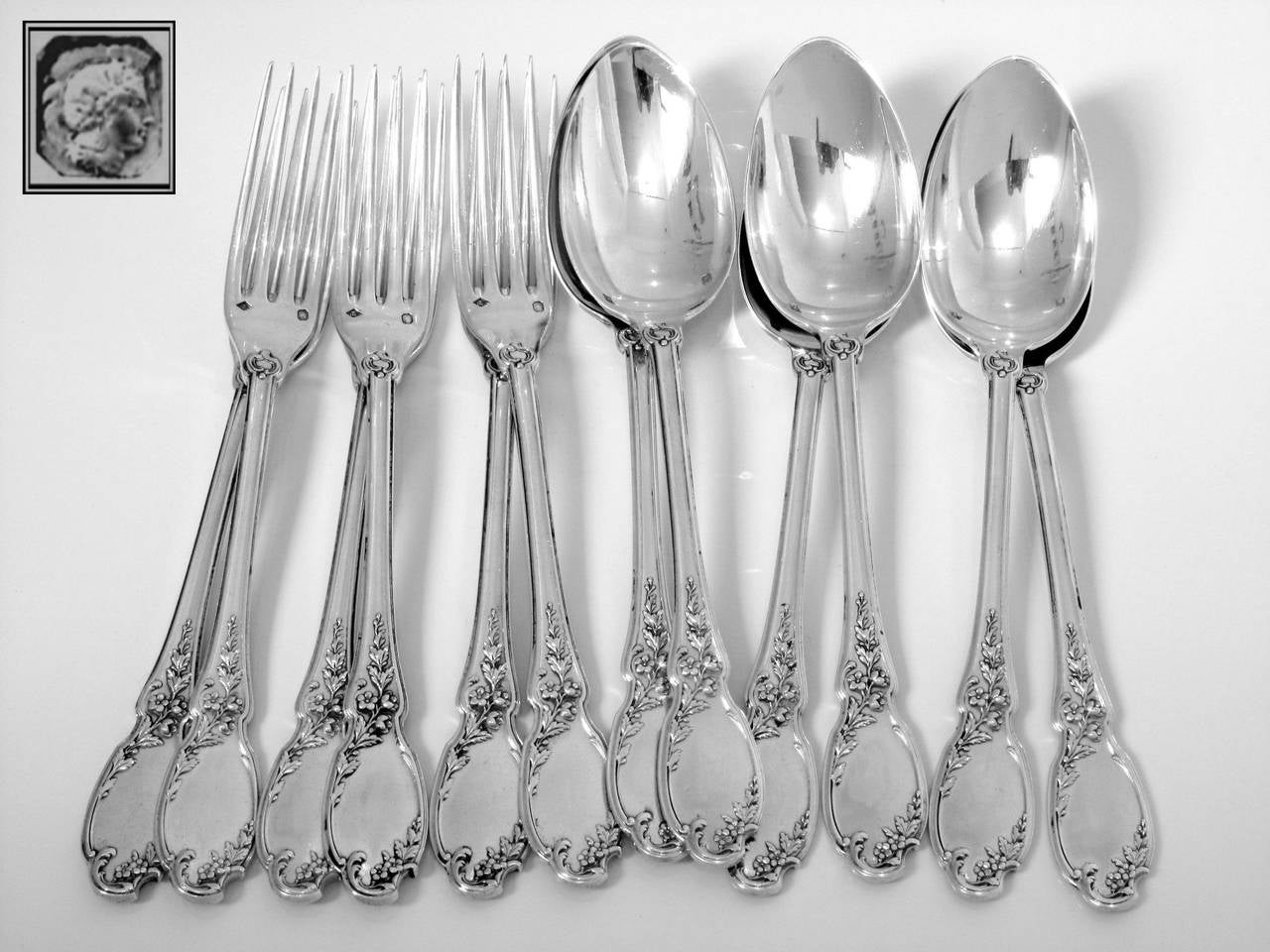 Women's or Men's Linzeler French Sterling Silver Dessert/Entremet Flatware Set 12 pc, Rococo For Sale