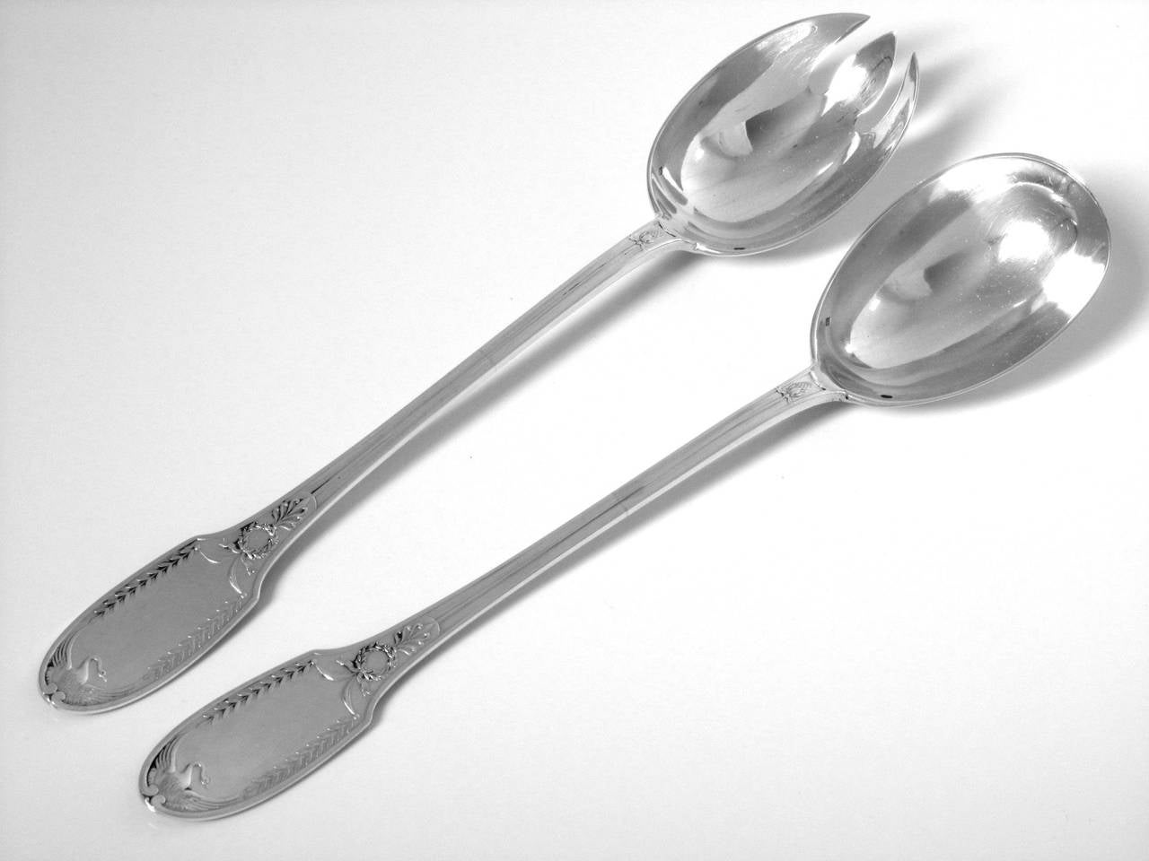 Puiforcat French All Sterling Silver Salad Serving Set 2 pc Empire Swans 1