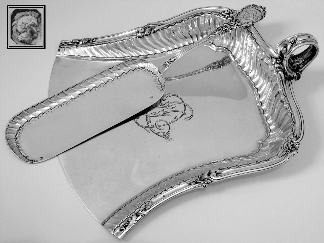 Fabulous French All Sterling Silver Crumb Tray Service 2 pc Rococo Pattern For Sale 4