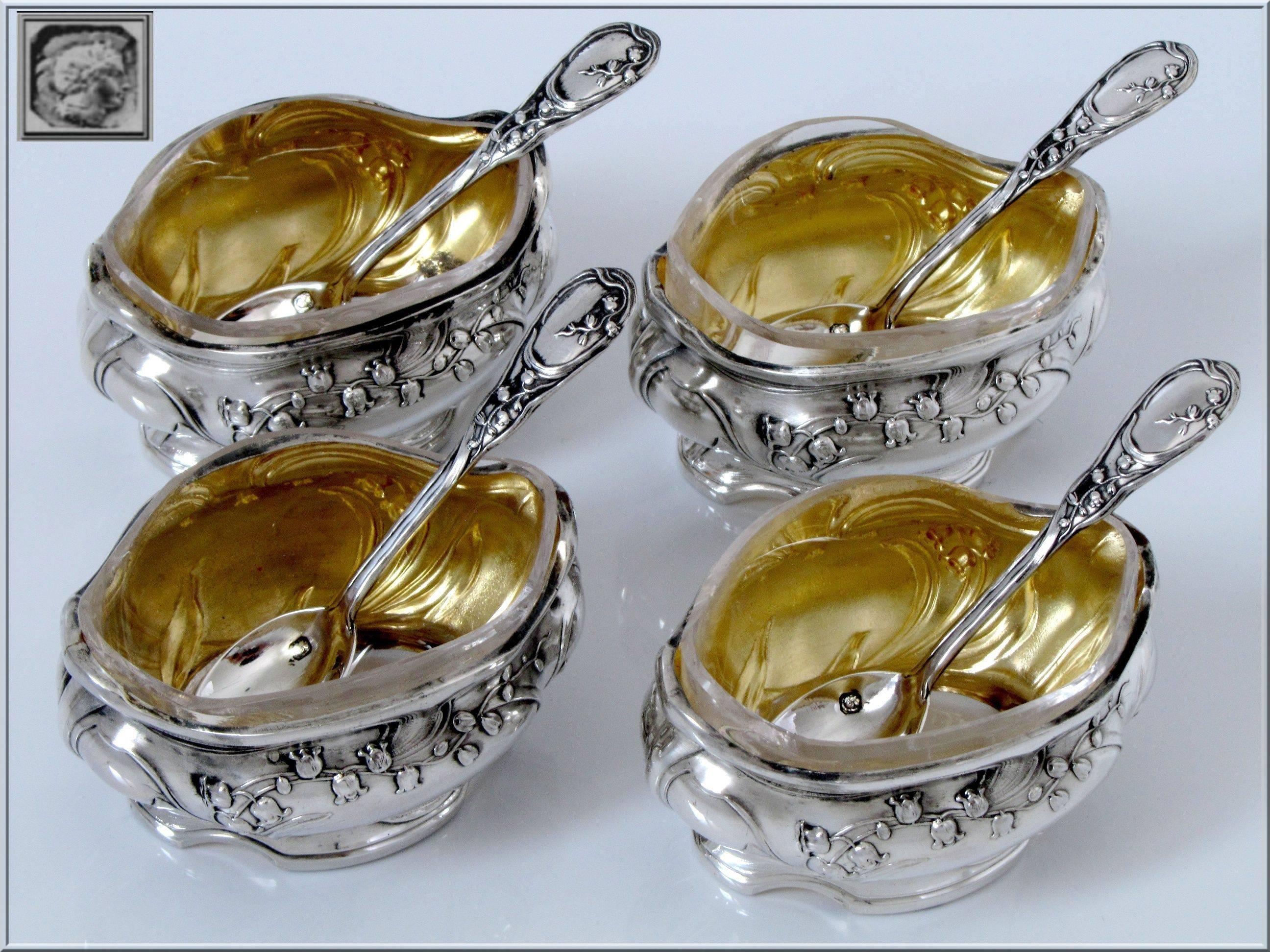 French Sterling Silver Vermeil Set 4 Salt Cellars Spoons Box Lily of the Valley For Sale 2