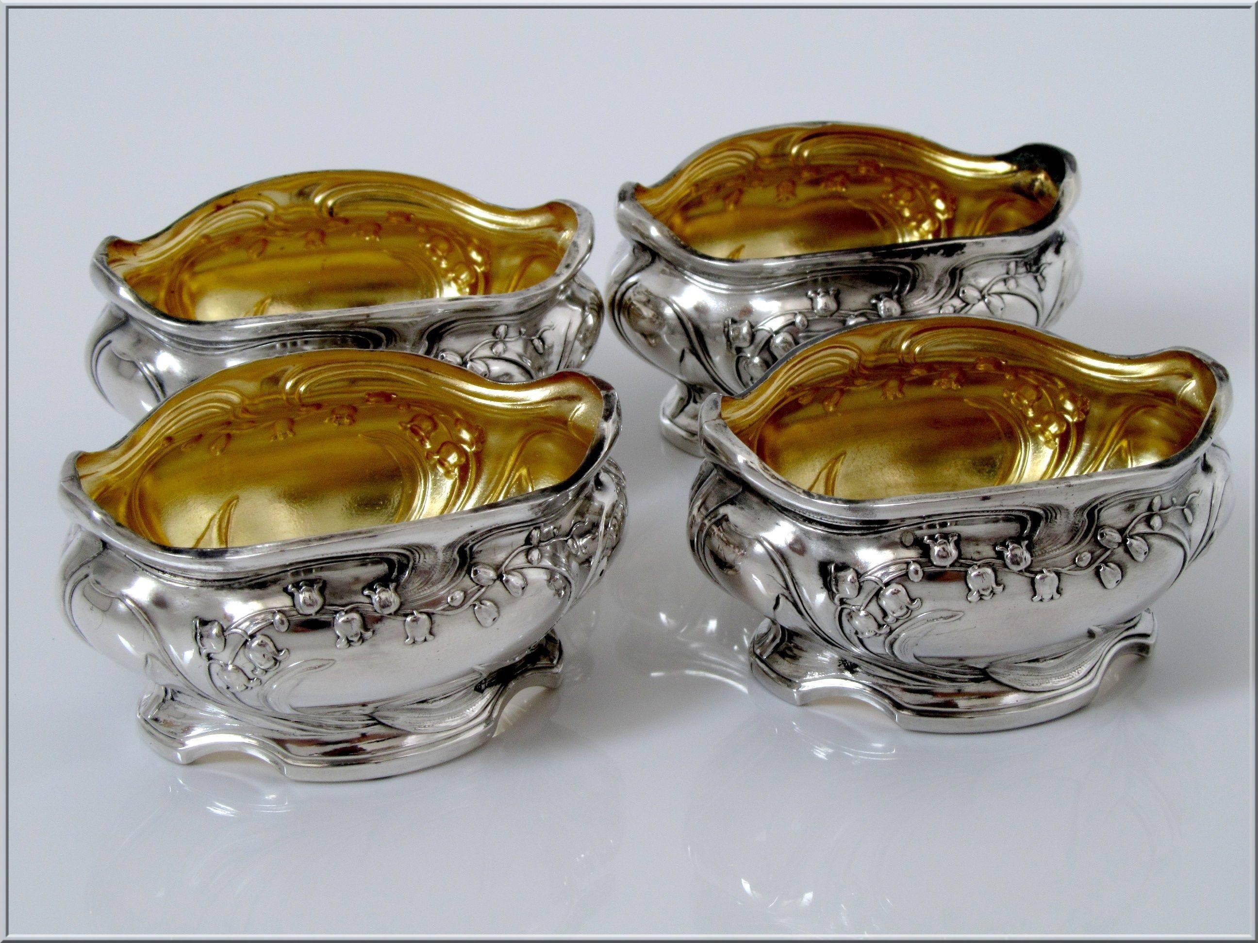 French Sterling Silver Vermeil Set 4 Salt Cellars Spoons Box Lily of the Valley For Sale 4