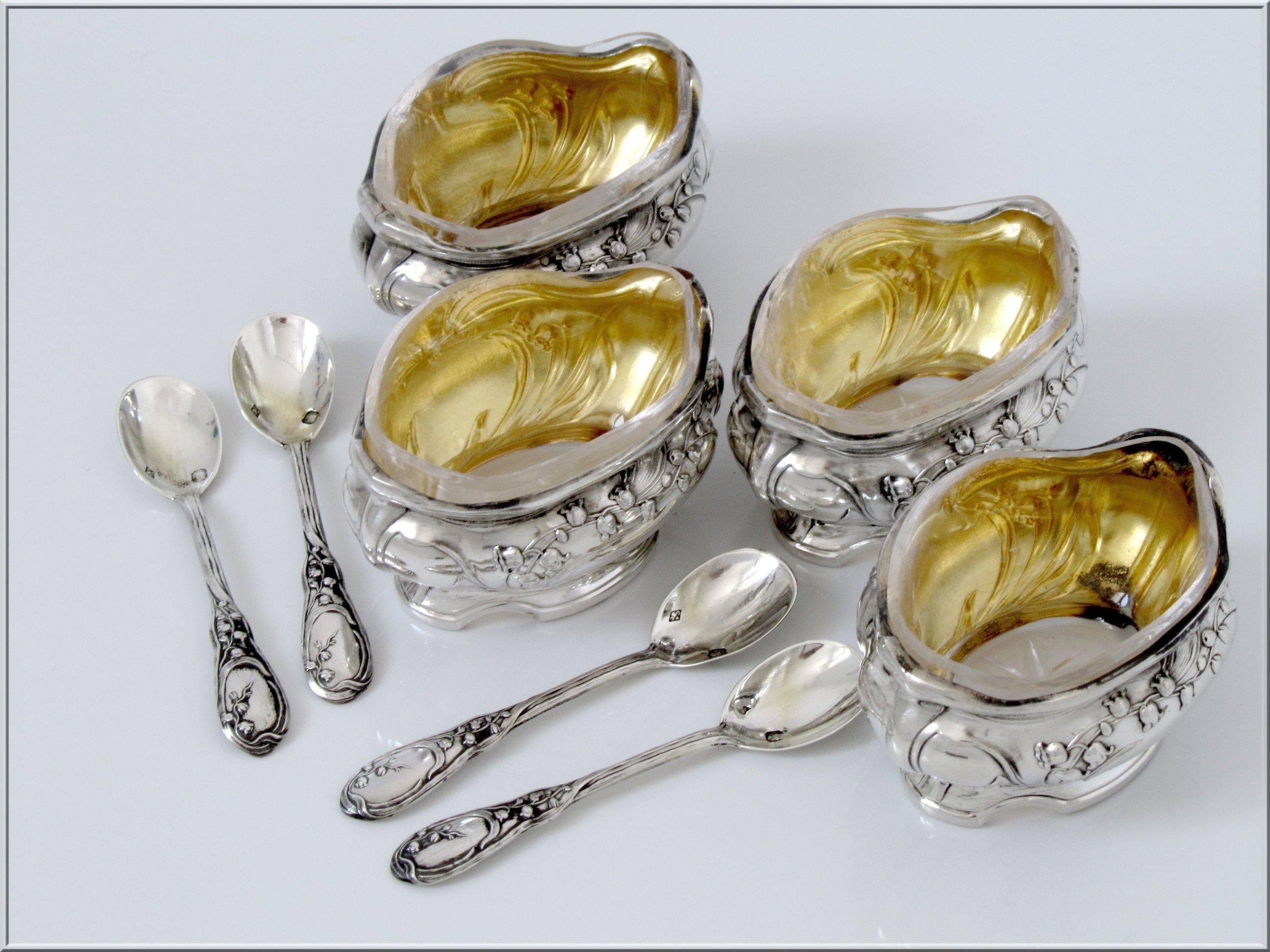 Women's or Men's French Sterling Silver Vermeil Set 4 Salt Cellars Spoons Box Lily of the Valley For Sale