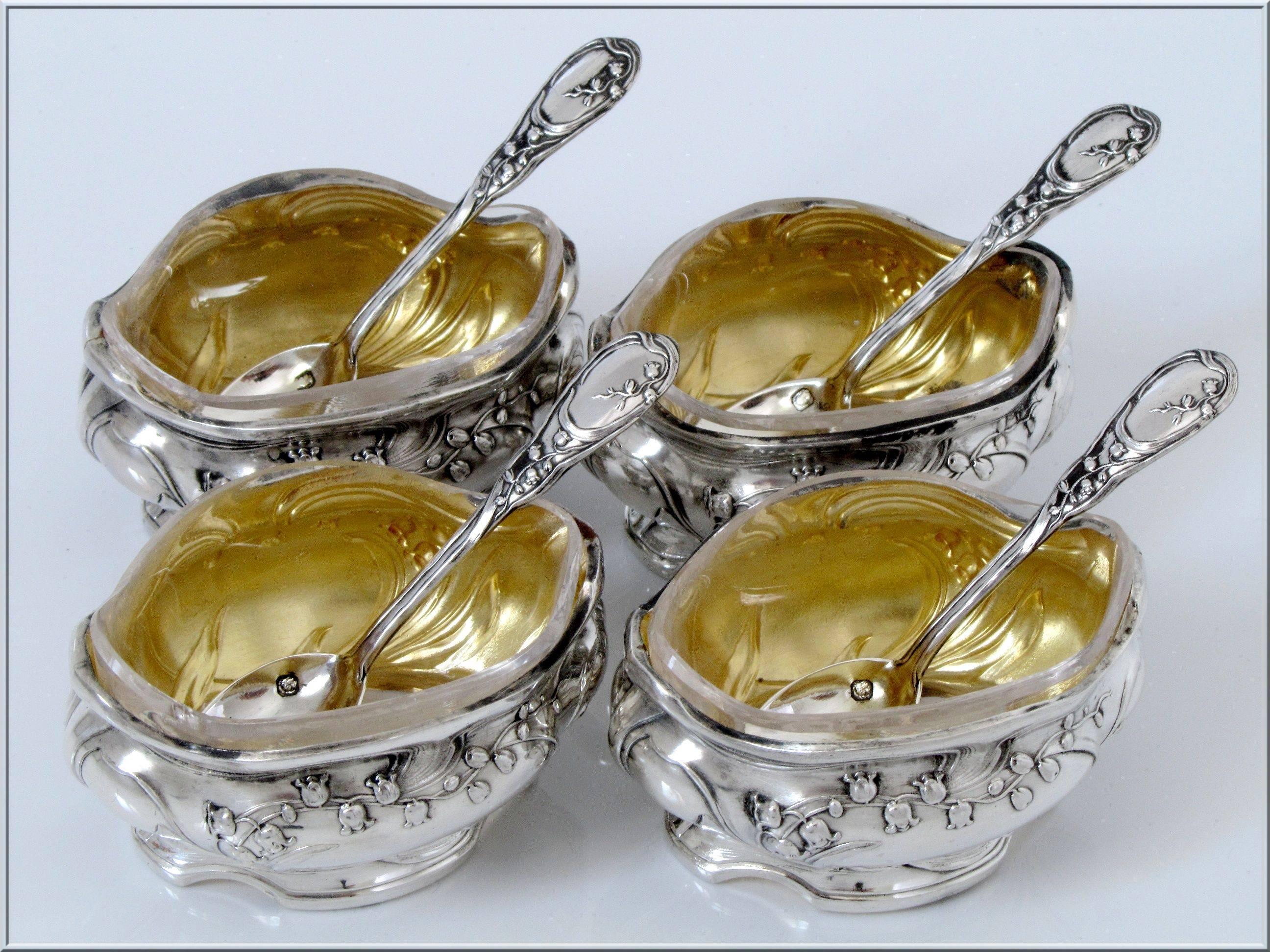 Art Nouveau French Sterling Silver Vermeil Set 4 Salt Cellars Spoons Box Lily of the Valley For Sale