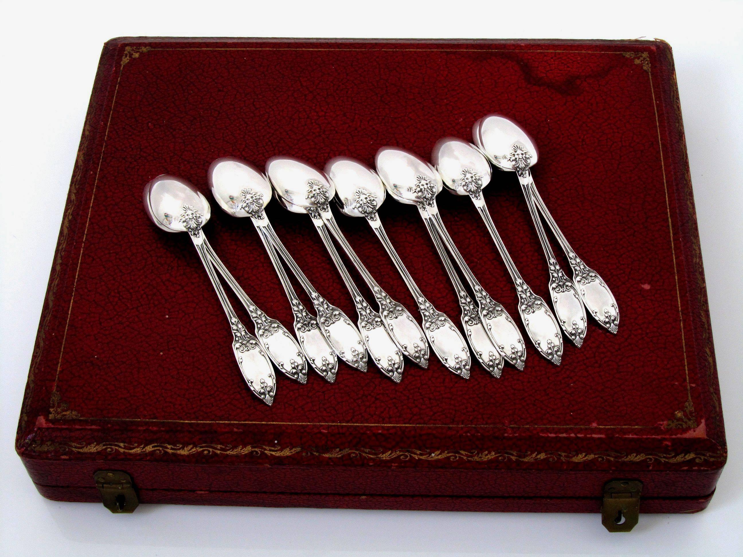 Puiforcat French Sterling Silver Tea Spoons Set 12 pc original box Mascaron 4