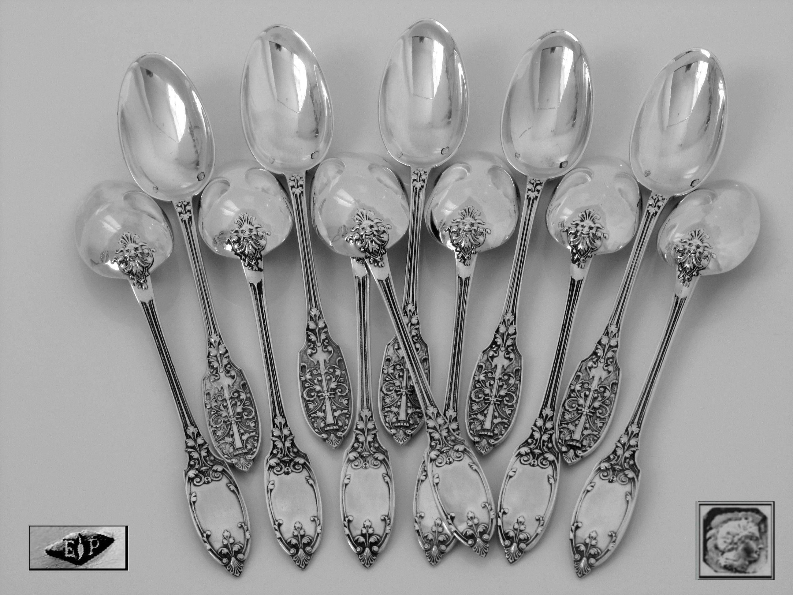 Puiforcat French Sterling Silver Tea Spoons Set 12 pc original box Mascaron 2