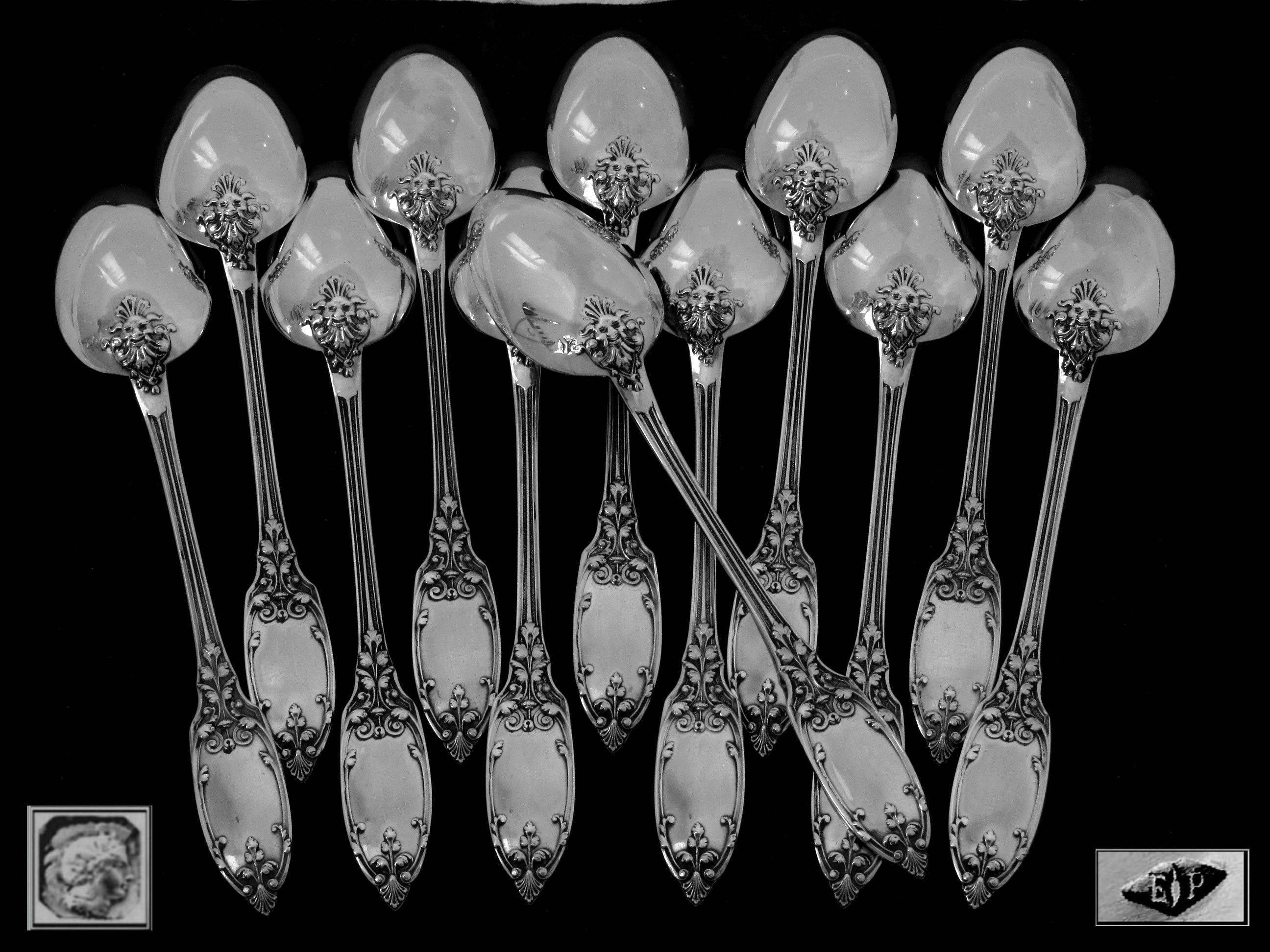 Renaissance Puiforcat French Sterling Silver Tea Spoons Set 12 pc original box Mascaron