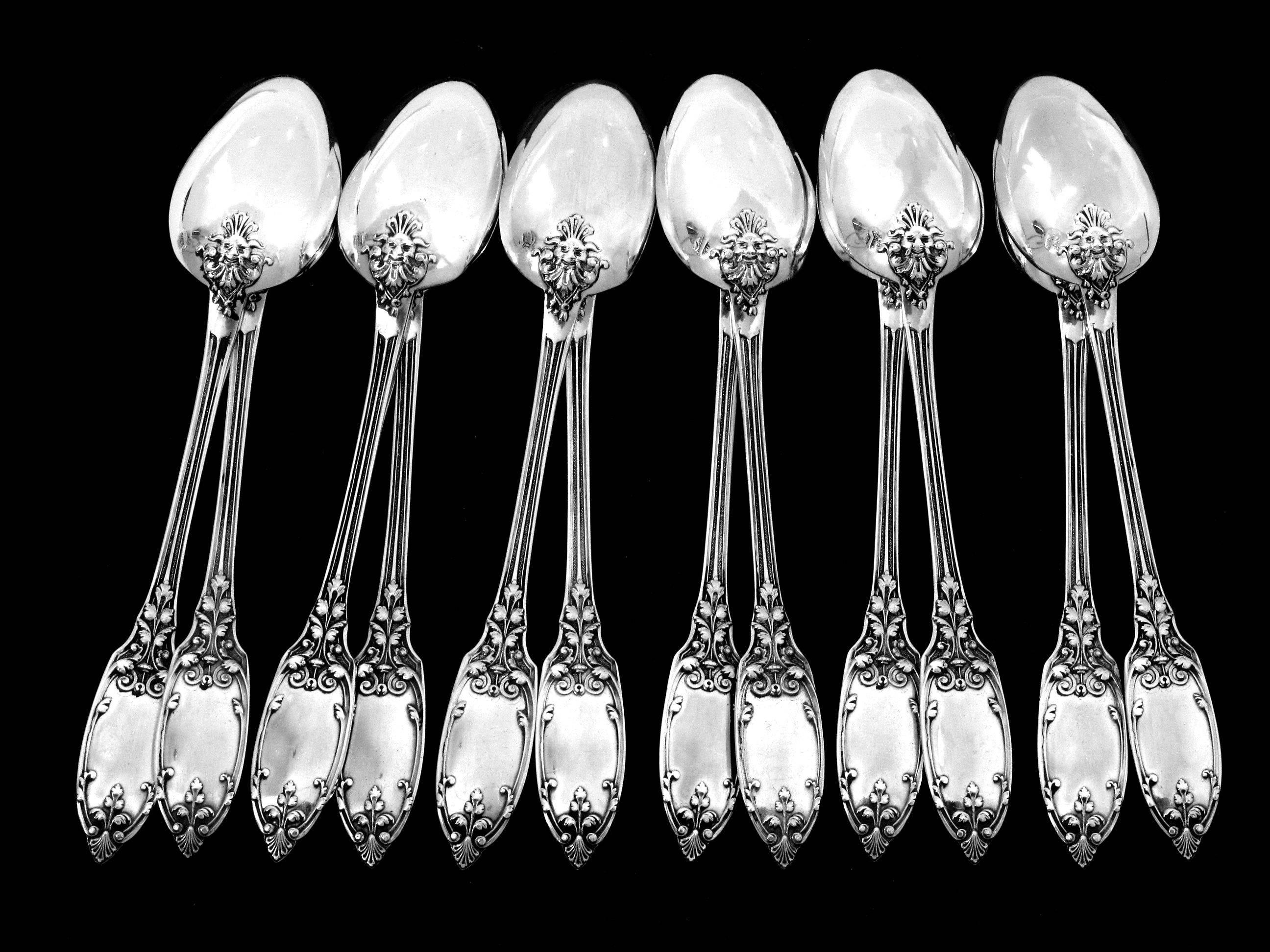 Women's or Men's Puiforcat French Sterling Silver Tea Spoons Set 12 pc original box Mascaron