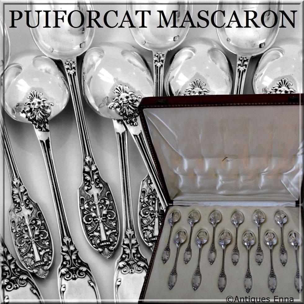 Puiforcat French Sterling Silver Tea Spoons Set 12 pc original box Mascaron

Head of Minerve 1 st titre for 950/1000 French Sterling Silver guarantee

A rare tea/coffee spoons set with fabulous Renaissance decoration. Handles have on one side a