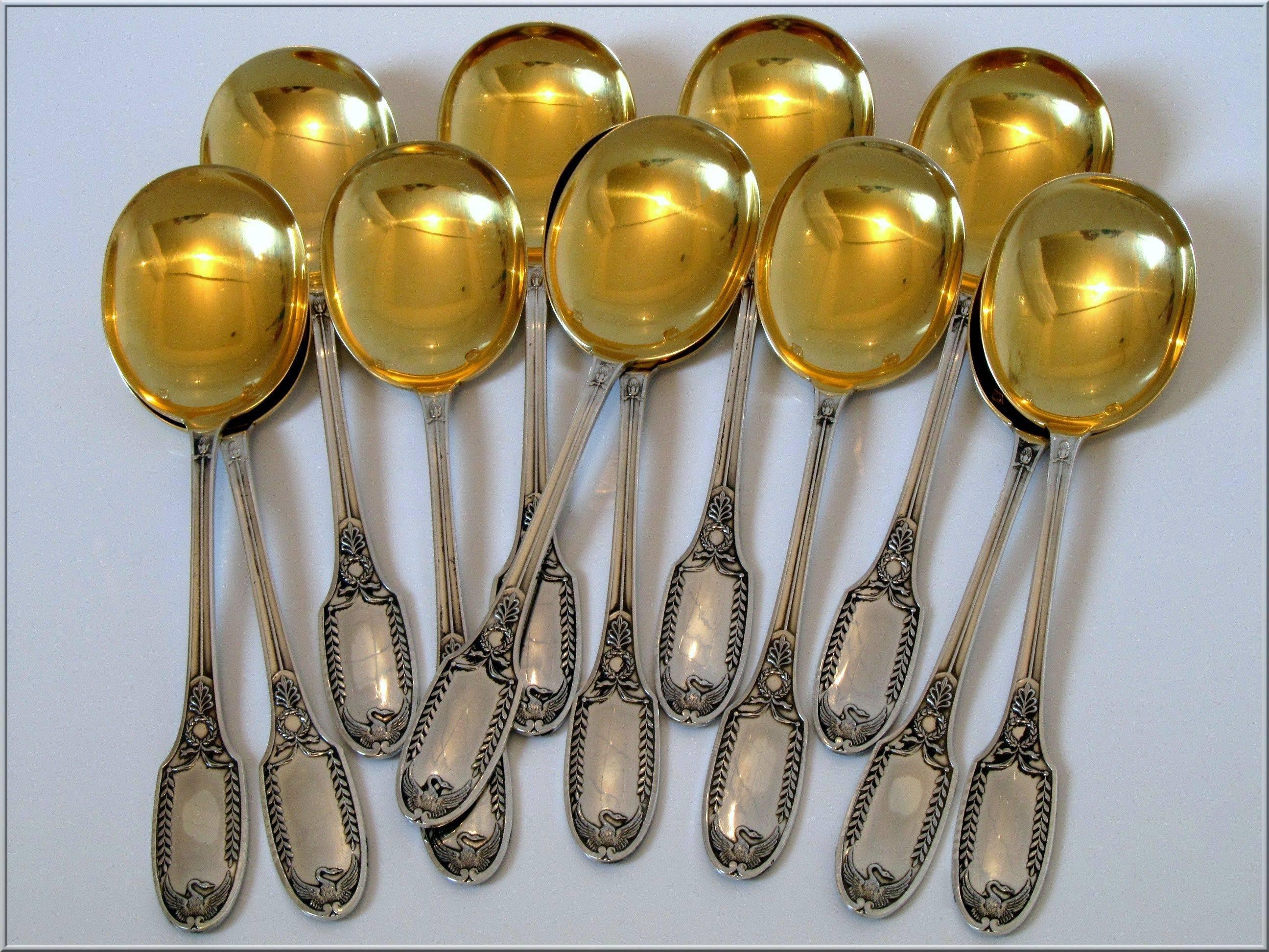 PUIFORCAT French Sterling Silver Vermeil Ice Cream Spoons Set 12 pc Swans For Sale 4