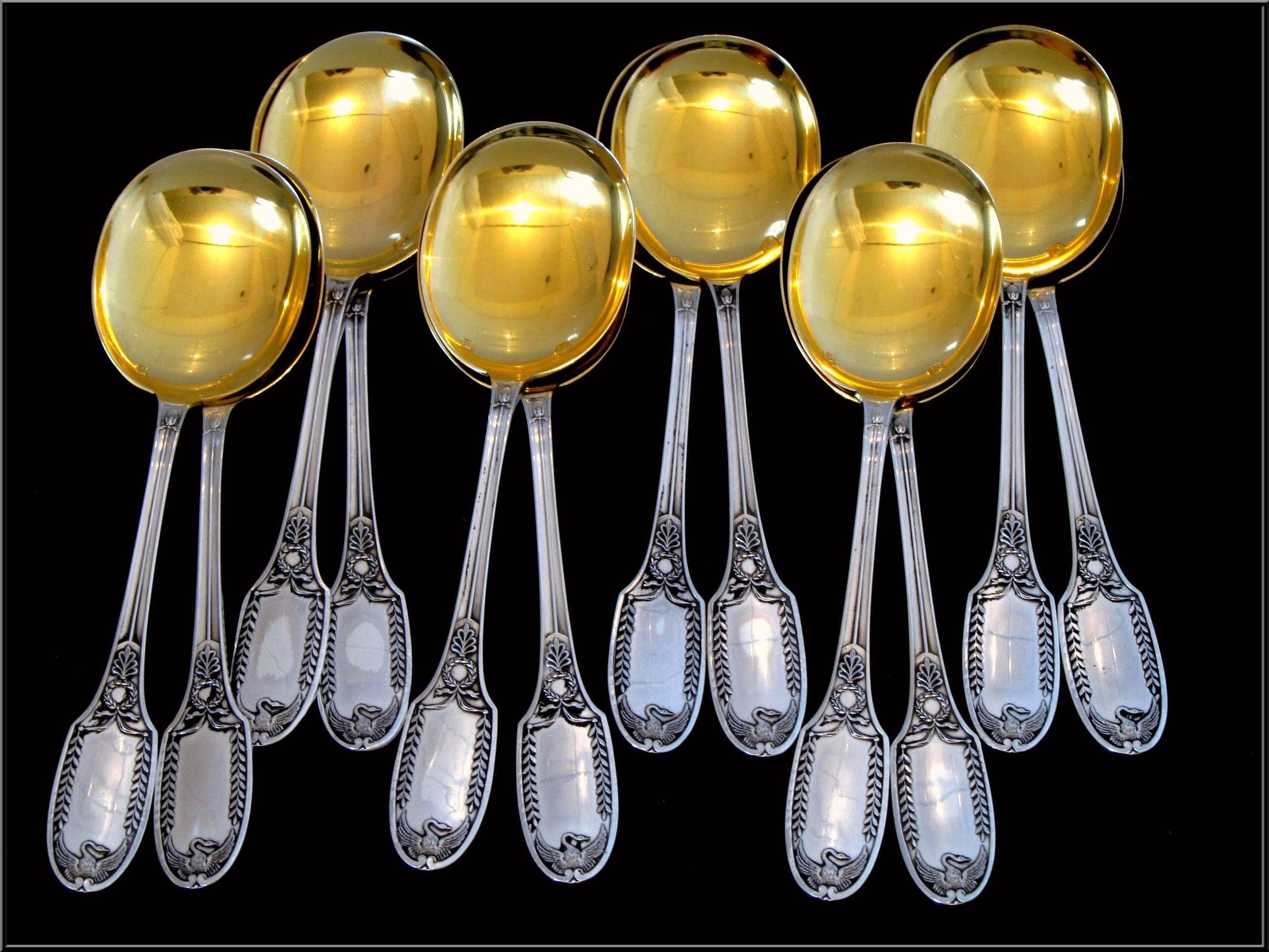 PUIFORCAT French Sterling Silver Vermeil Ice Cream Spoons Set 12 pc Swans For Sale 2
